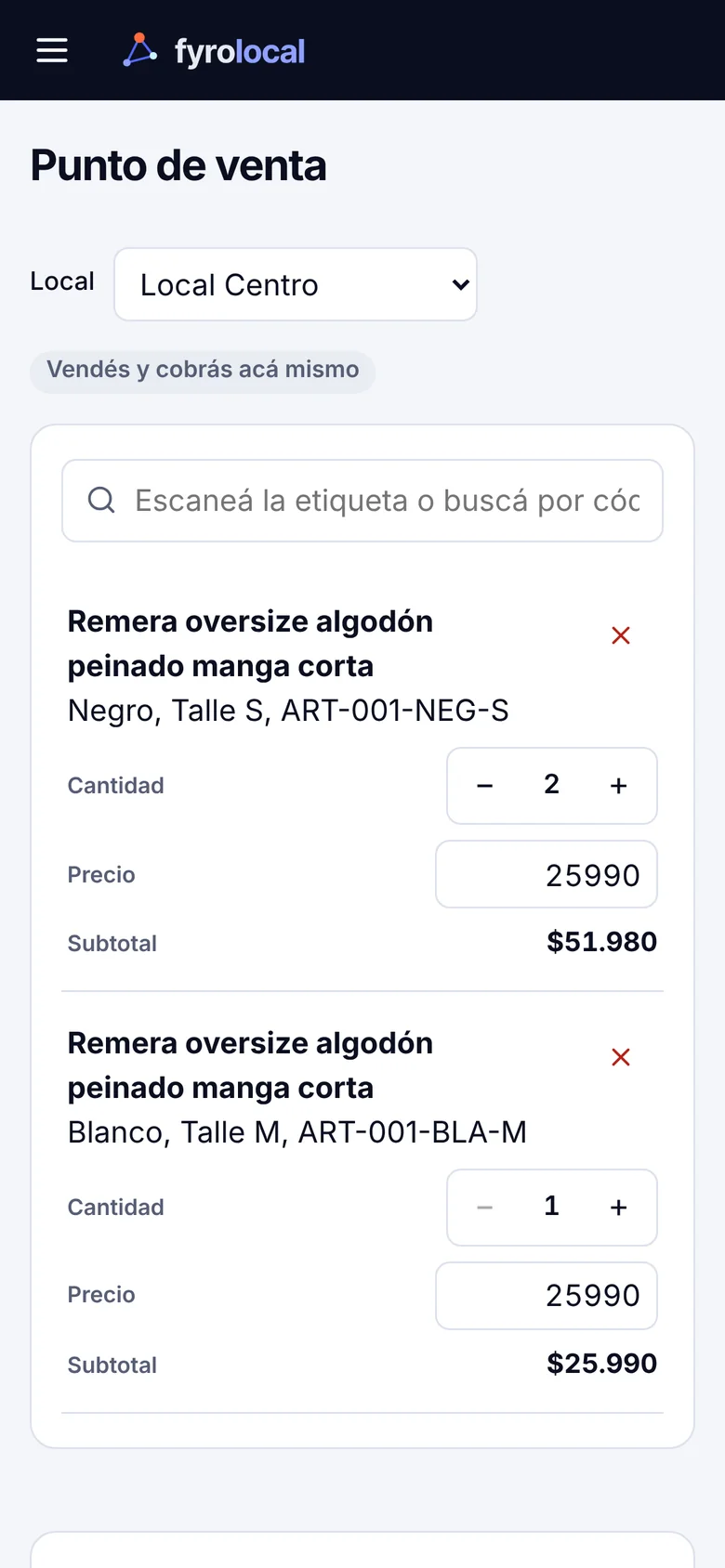 Punto de venta de FyroLocal en un celular