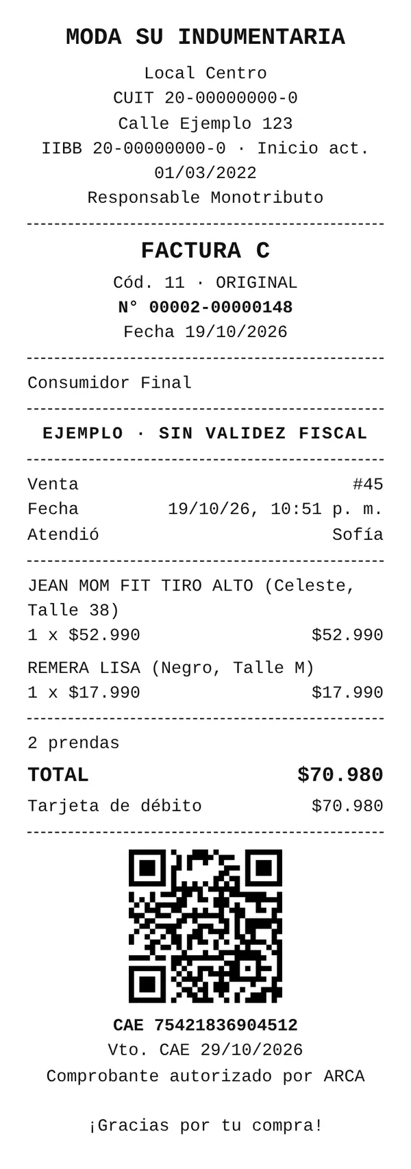 Ticket de ejemplo de FyroLocal con Factura C, CAE y código QR de ARCA