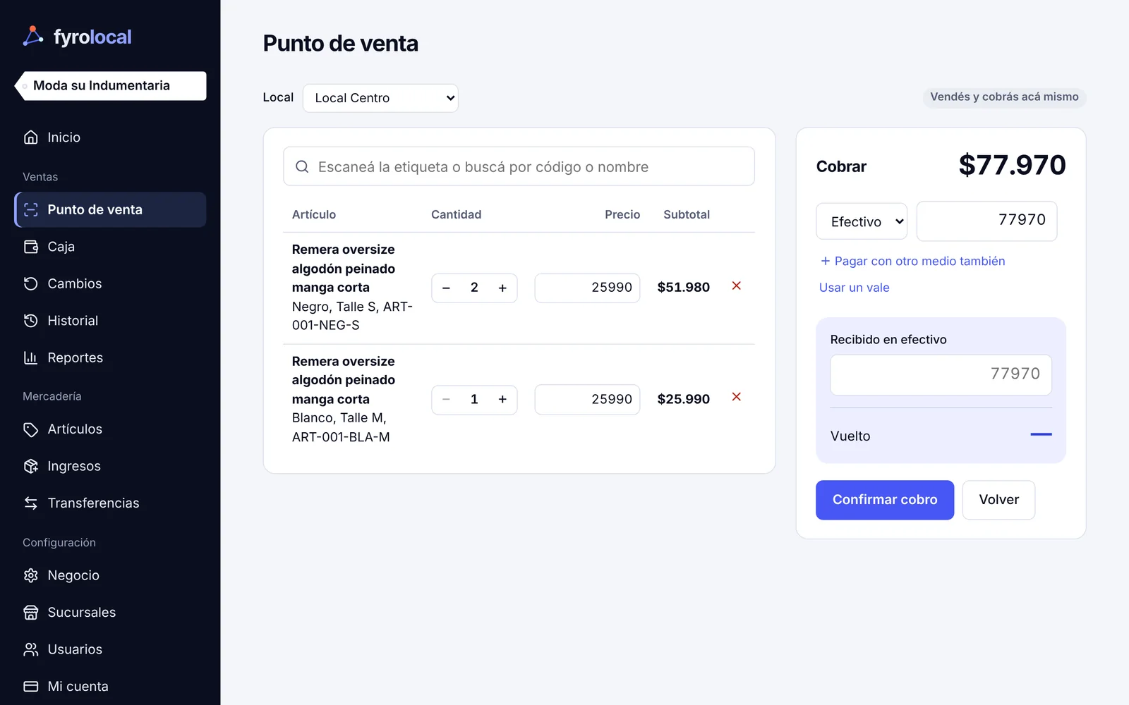 Punto de venta de FyroLocal cobrando una venta en efectivo con el vuelto calculado